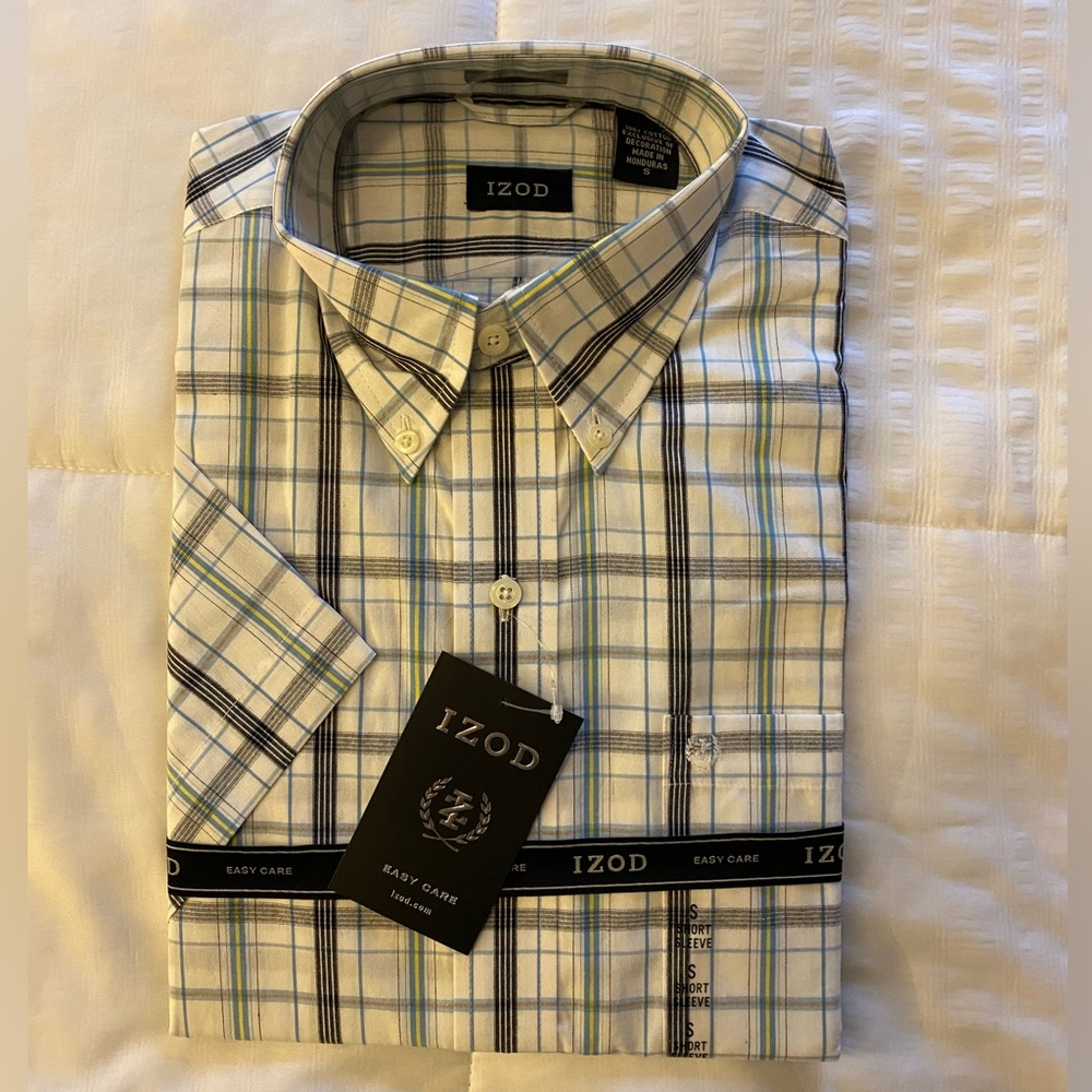 Never been opened. New Izod Men’s short-sleeve with tags and the logo ribbons.